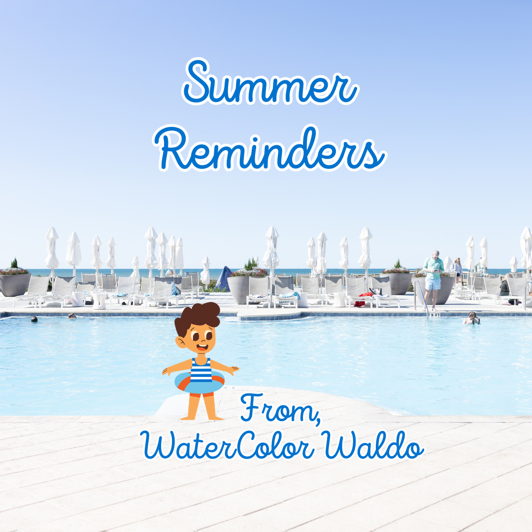 Picture of a pool with a graphic character in a pool floatie