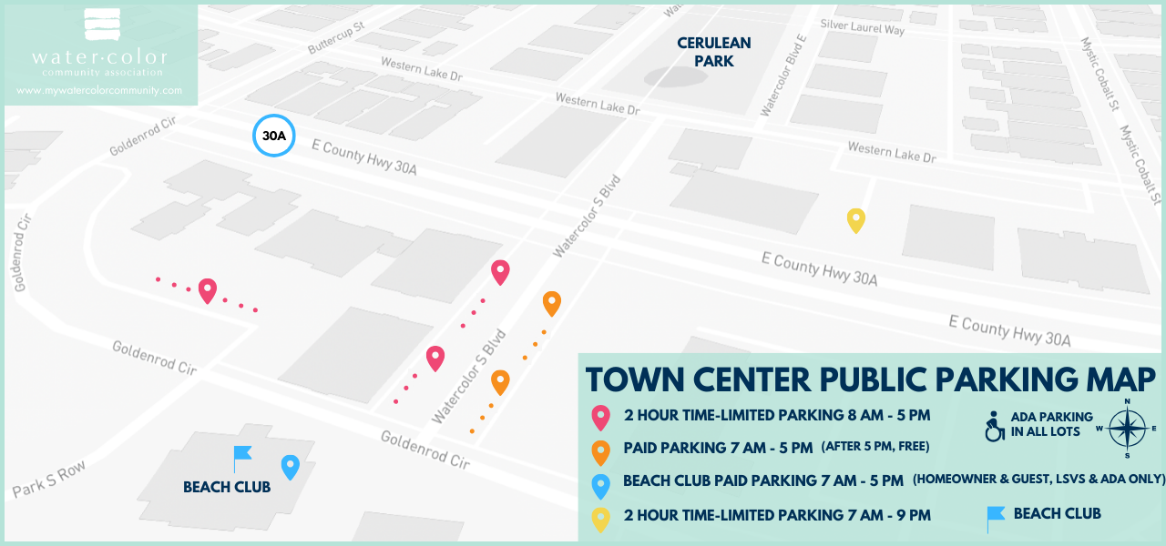 Map of public parking areas in WaterColor Town Center